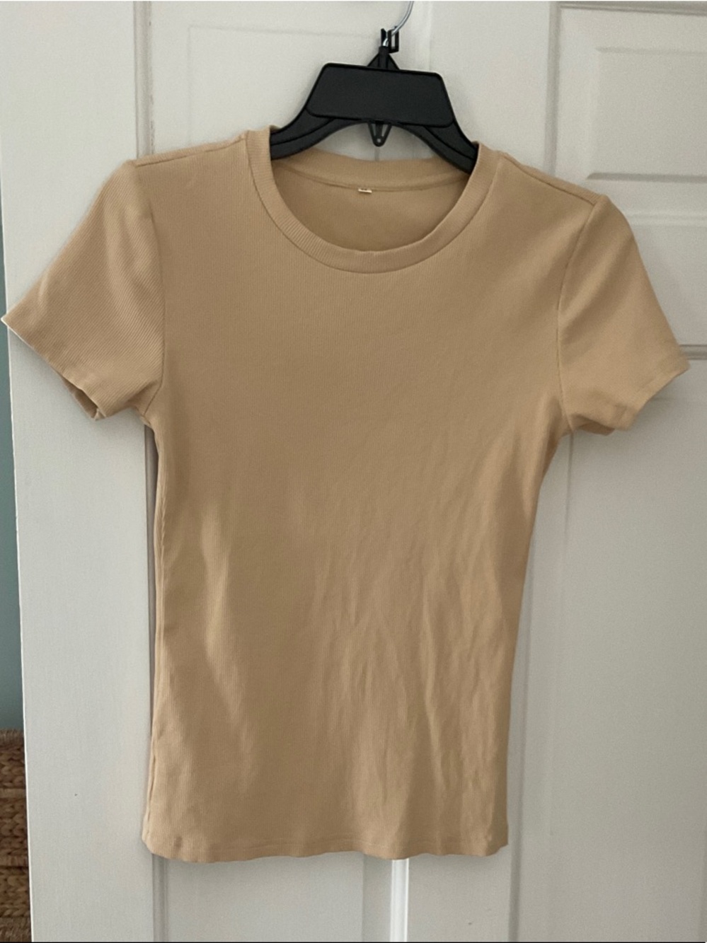 Classic Crewneck Short Sleeve Top in Beige ribbed